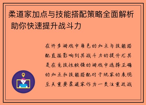 柔道家加点与技能搭配策略全面解析 助你快速提升战斗力